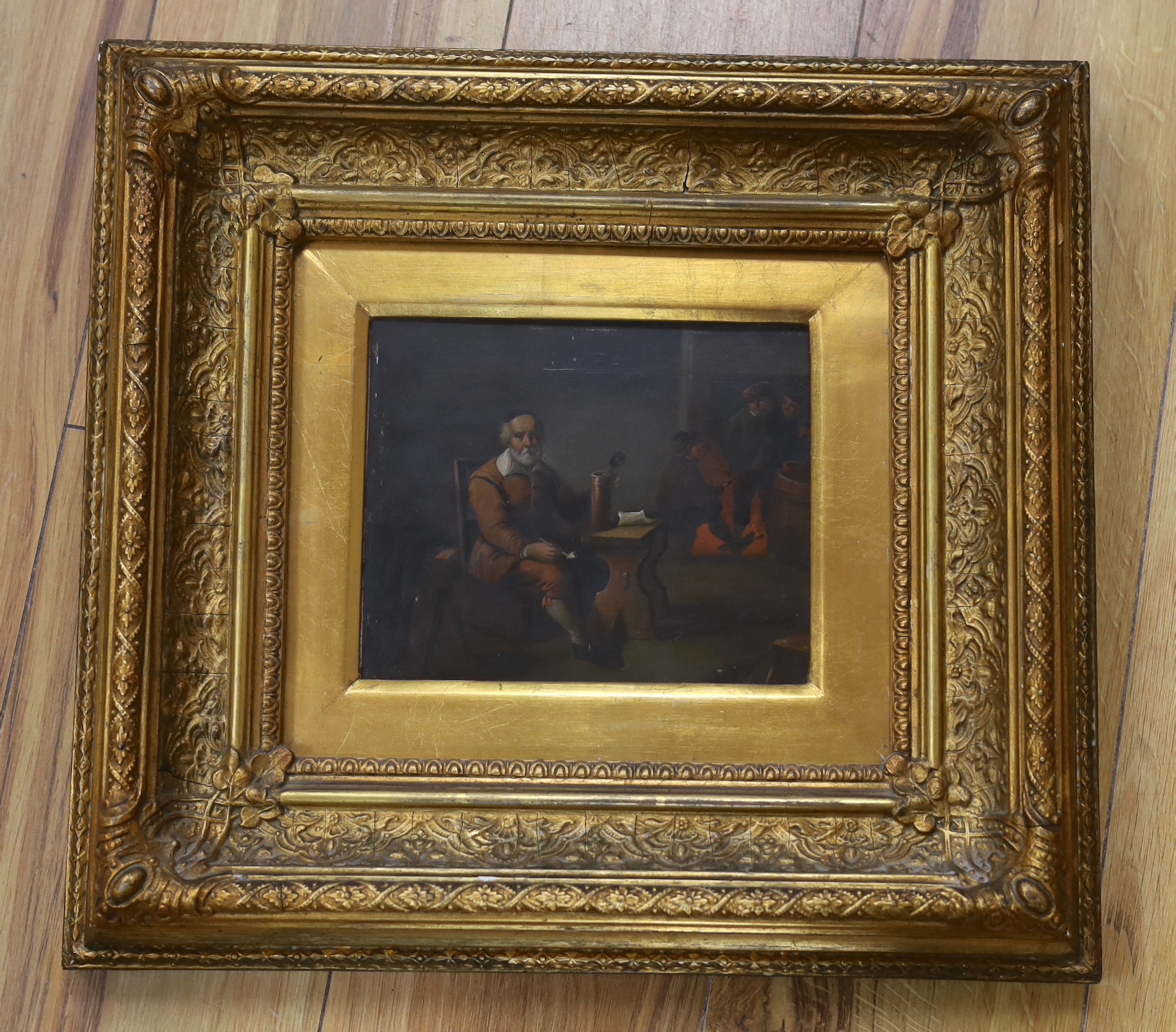 19th century Dutch school, oil on tin, Tavern scene with figures, 19cm x 15cm, ornate gilt frame